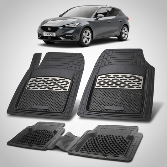 set de covorase din cauciuc negre cu accente gri cu un seat leon mk4 hatchback gri inchis in fundal
