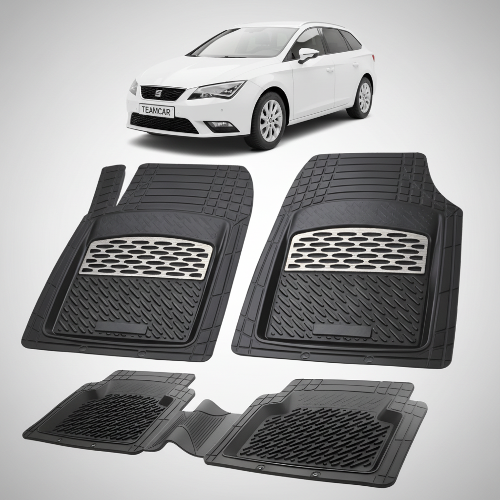set de covorase din cauciuc negre cu accente gri cu un seat leon st/combi alb in fundal