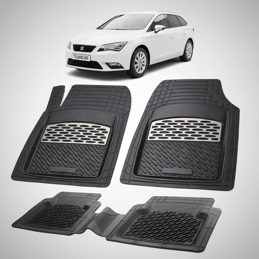 set de covorase din cauciuc negre cu accente gri cu un seat leon st/combi alb in fundal