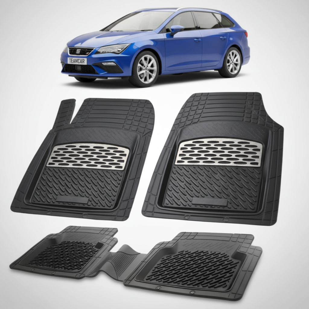 set de covorase din cauciuc negre cu accente gri cu un seat leon st/combi facelift albastru in fundal