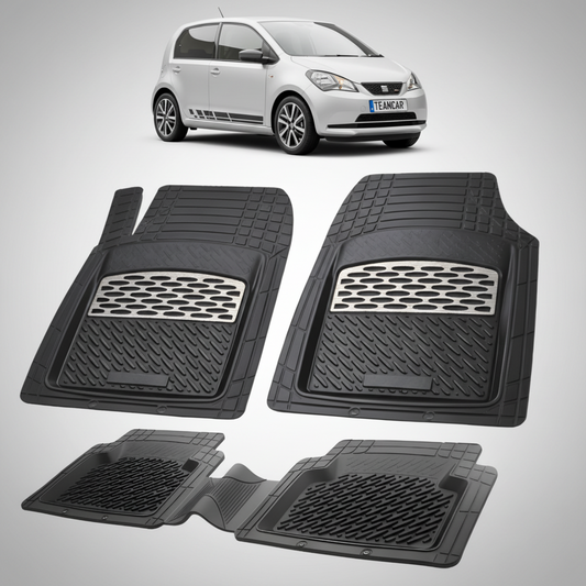 set de covorase din cauciuc negre cu accente gri cu un seat mii electric hatchback 5 usi ev argintiu in fundal
