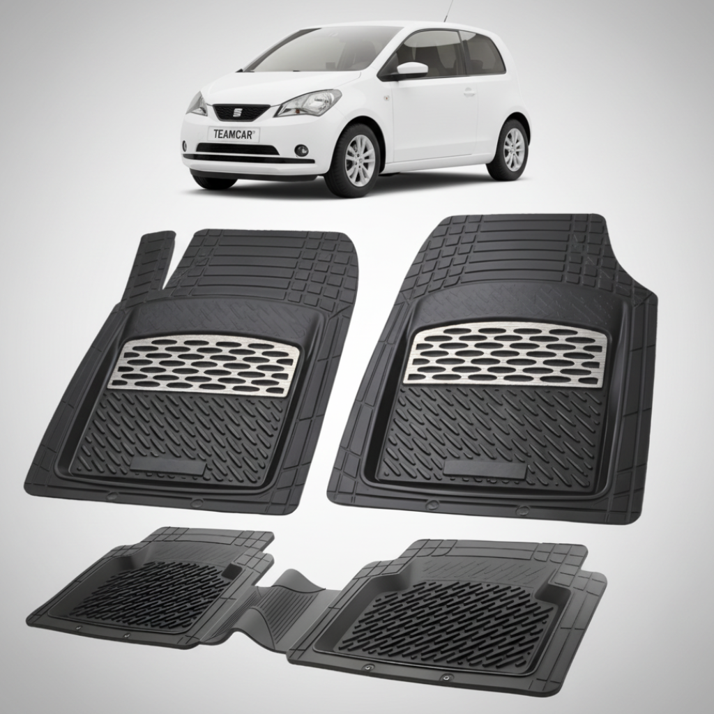 set de covorase din cauciuc negre cu accente gri cu un seat mii hatchback 3 usi alb in fundal