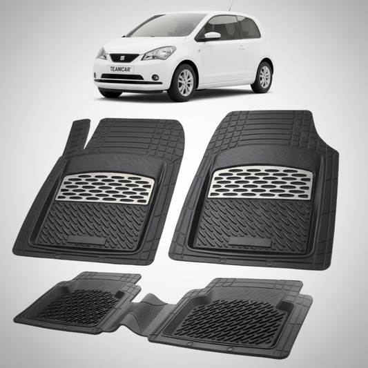 set de covorase din cauciuc negre cu accente gri cu un seat mii hatchback 3 usi alb in fundal