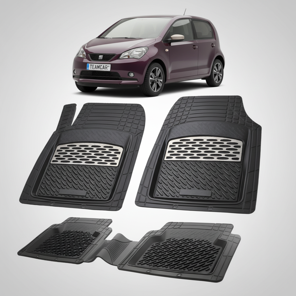 set de covorase din cauciuc negre cu accente gri cu un seat mii hatchback 5 usi violet in fundal