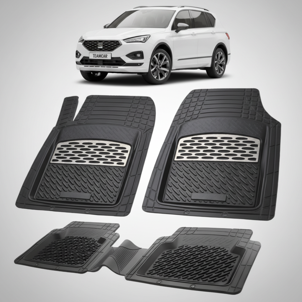 set de covorase din cauciuc negre cu accente gri cu un seat tarraco suv facelift alb in fundal