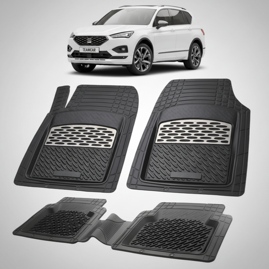 set de covorase din cauciuc negre cu accente gri cu un seat tarraco suv facelift alb in fundal