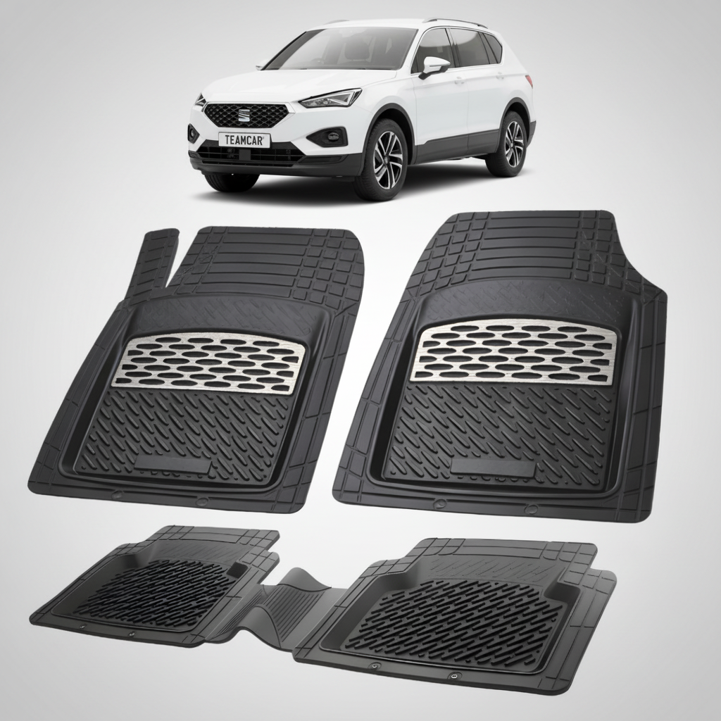 set de covorase din cauciuc negre cu accente gri cu un seat tarraco mk1 suv alb in fundal
