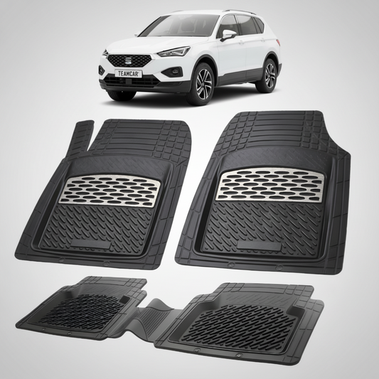 set de covorase din cauciuc negre cu accente gri cu un seat tarraco mk1 suv alb in fundal