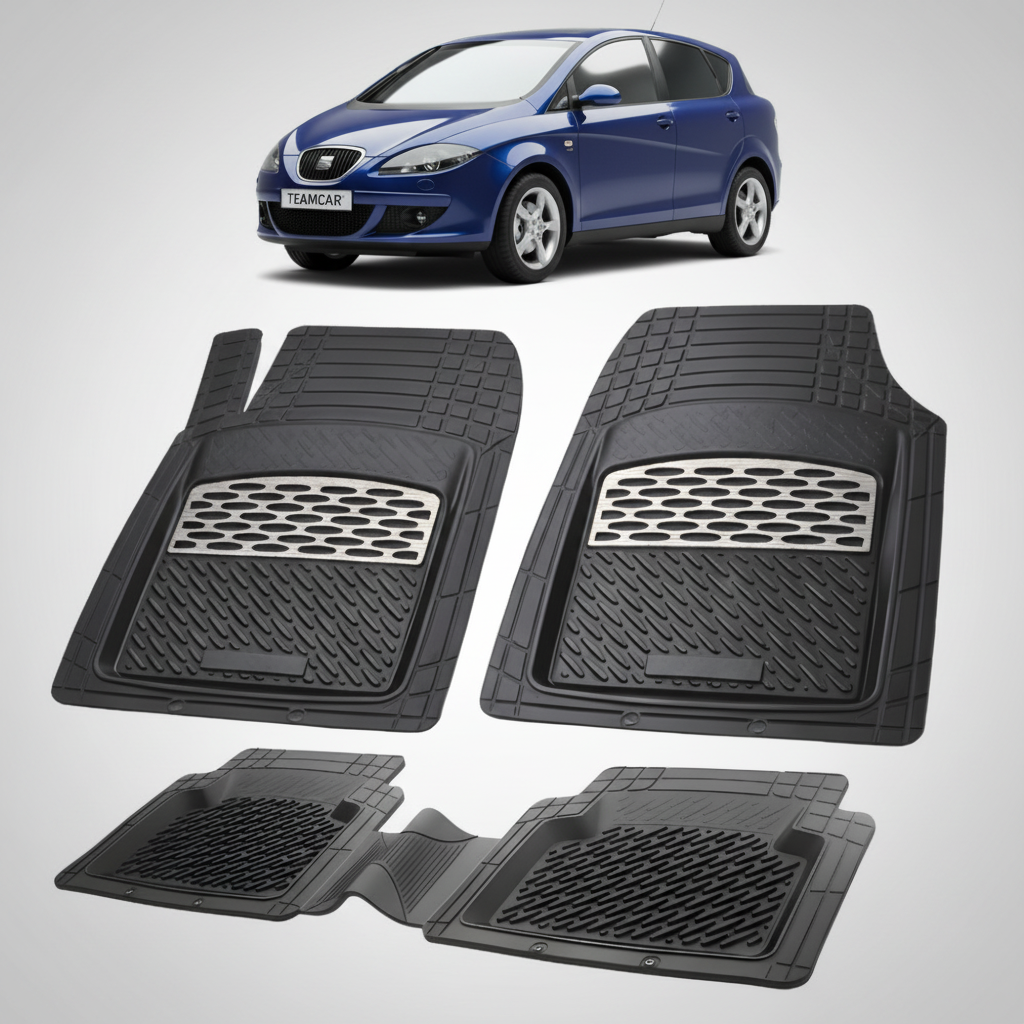 set de covorase din cauciuc negre cu accente gri cu un seat toledo iii sedan gen 3 albastru in fundal