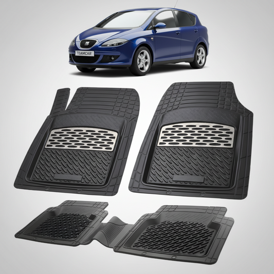 set de covorase din cauciuc negre cu accente gri cu un seat toledo iii sedan gen 3 albastru in fundal