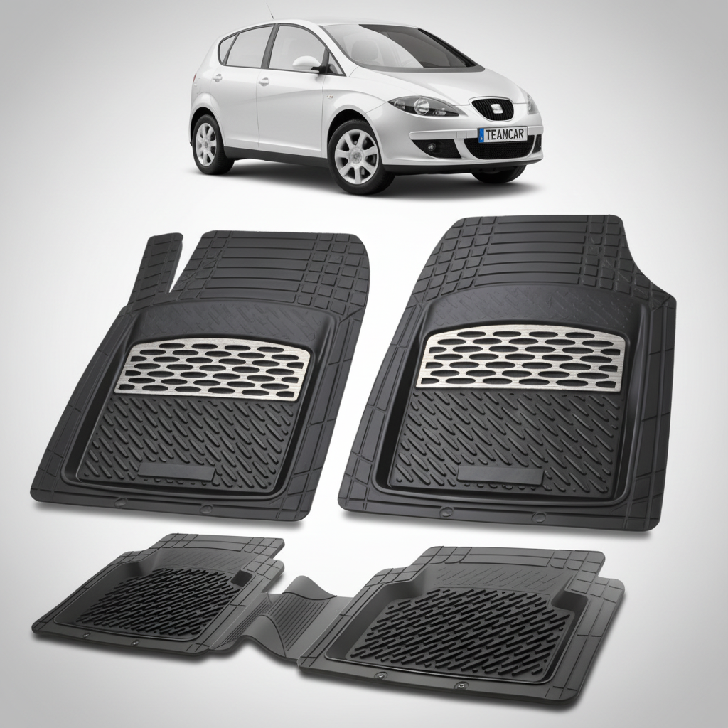 set de covorase din cauciuc negre cu accente gri cu un seat toledo mk3 mpv argintiu in fundal