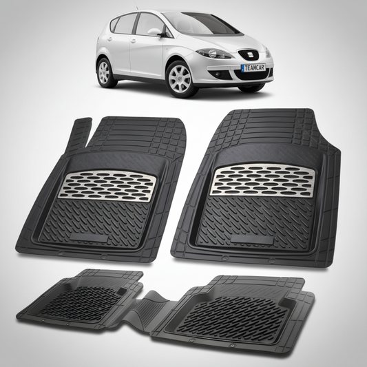set de covorase din cauciuc negre cu accente gri cu un seat toledo mk3 mpv argintiu in fundal