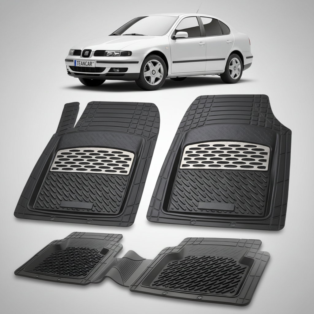 set de covorase din cauciuc negre cu accente gri cu un seat toledo sedan facelift argintiu in fundal