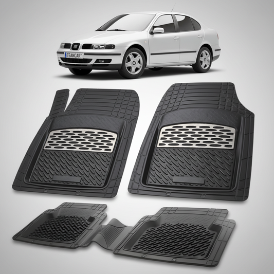 set de covorase din cauciuc negre cu accente gri cu un seat toledo sedan facelift argintiu in fundal