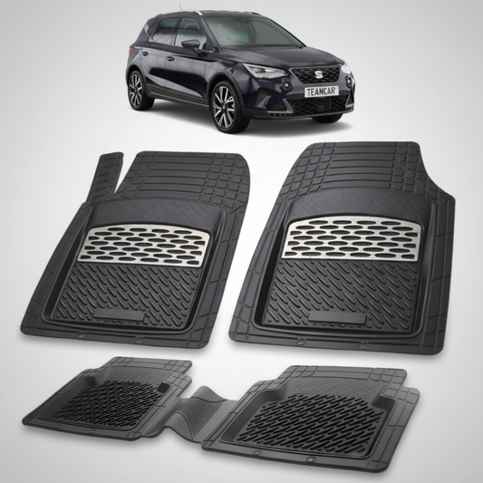 set de covorase din cauciuc negre cu accente gri cu un seat arona suv facelift negru in fundal