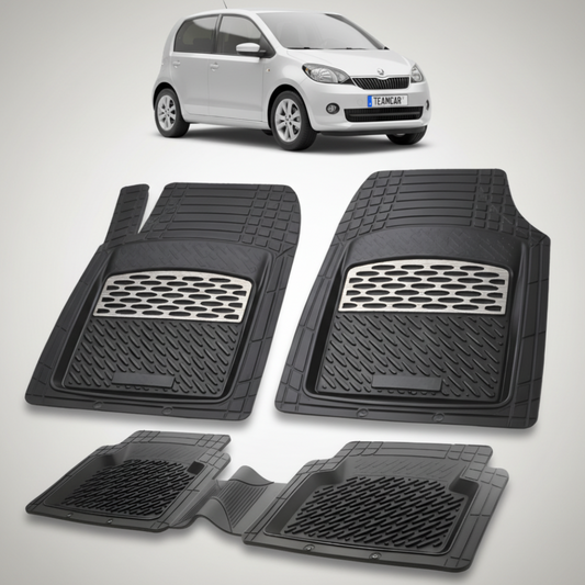 set de covorase din cauciuc negre cu accente gri cu o skoda citigo hatchback gri in fundal