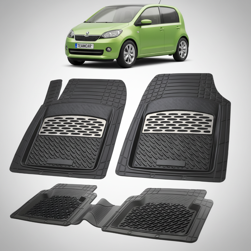 set de covorase din cauciuc negre cu accente gri cu o skoda citigo i verde menta in fundal