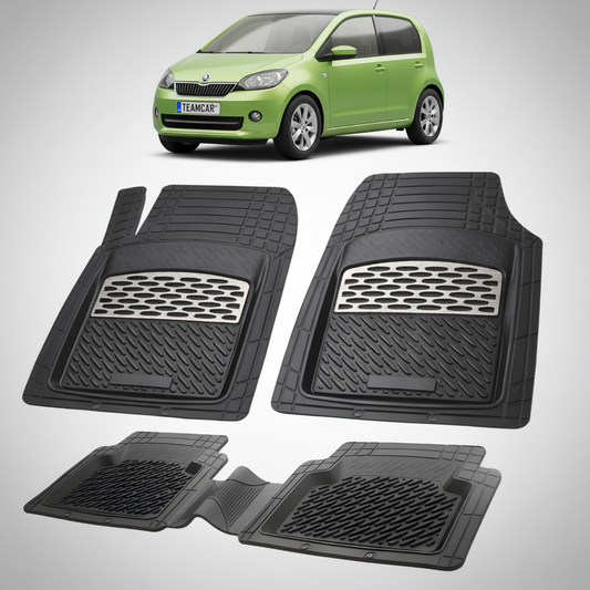 set de covorase din cauciuc negre cu accente gri cu o skoda citigo i verde menta in fundal