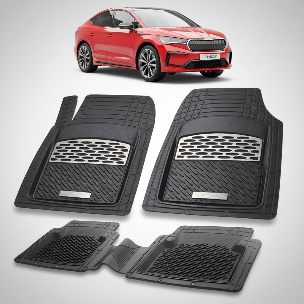 set de covorase din cauciuc negre cu accente gri cu o skoda enyag coupe rosie in fundal