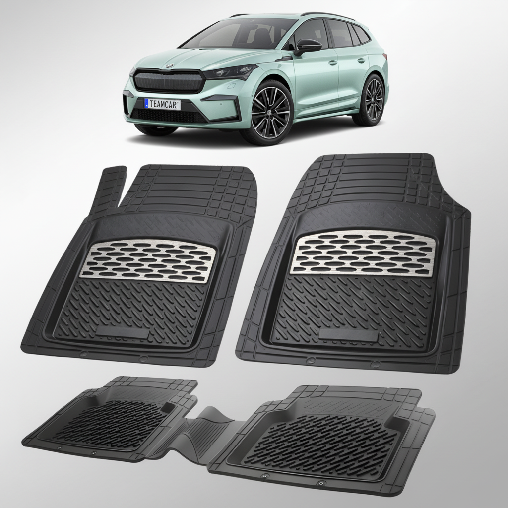set de covorase din cauciuc negre cu accente gri cu o skoda enyaq iv i verde menta in fundal