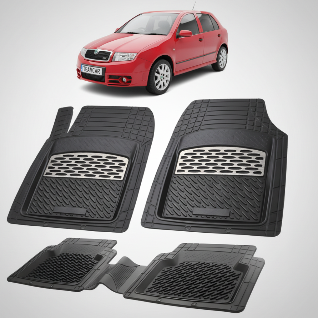 set de covorase din cauciuc negre cu accente gri cu o skoda fabia i hatchback rosie a in fundal