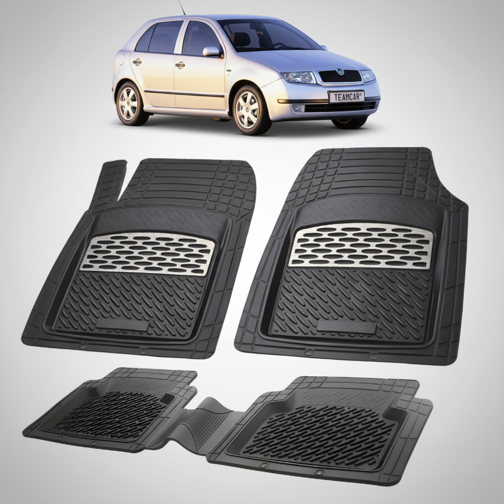 set de covorase din cauciuc negre cu accente gri cu o skoda fabia i hatchback gri in fundal