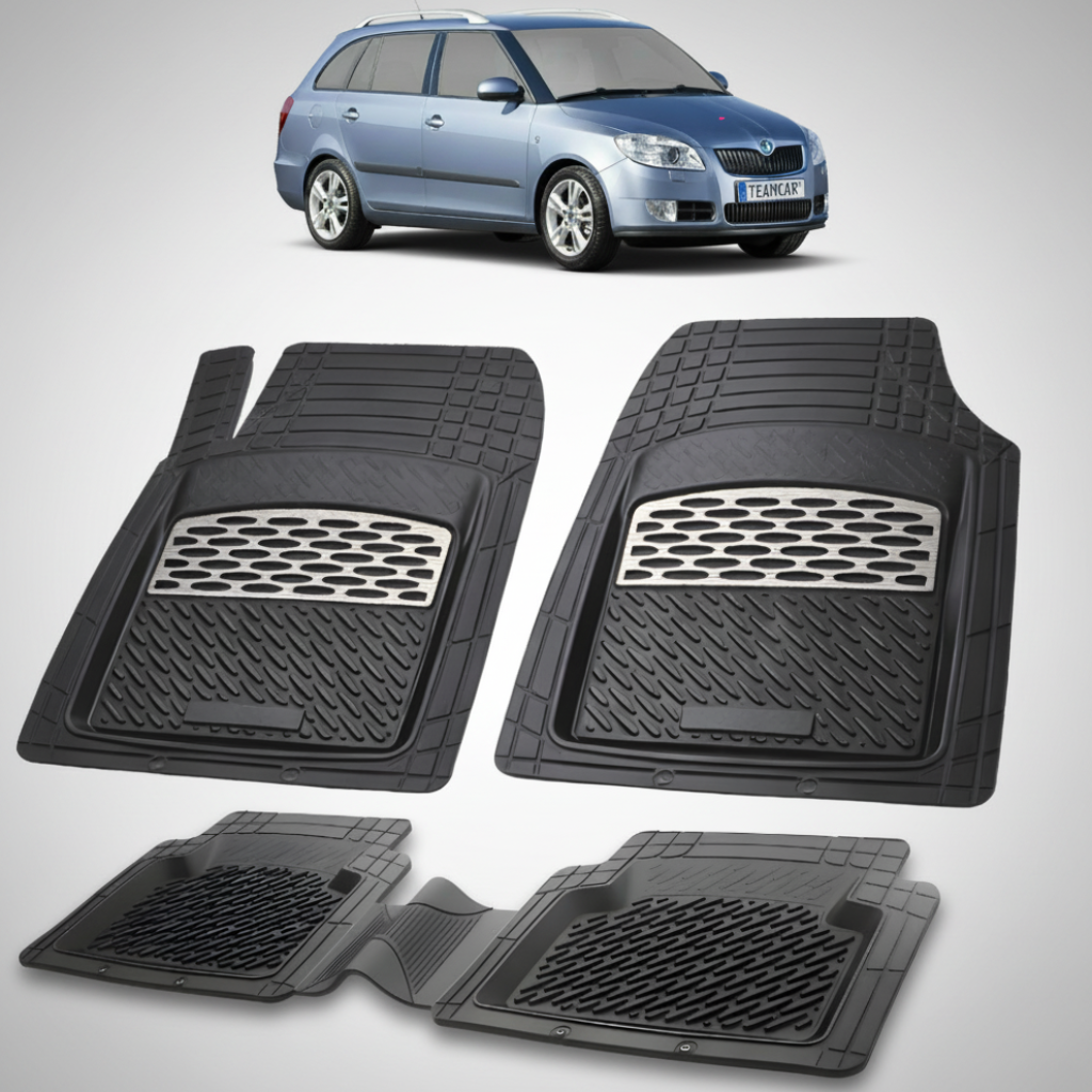 set de covorase din cauciuc negre cu accente gri cu o skoda fabia ii combi albastra in fundal