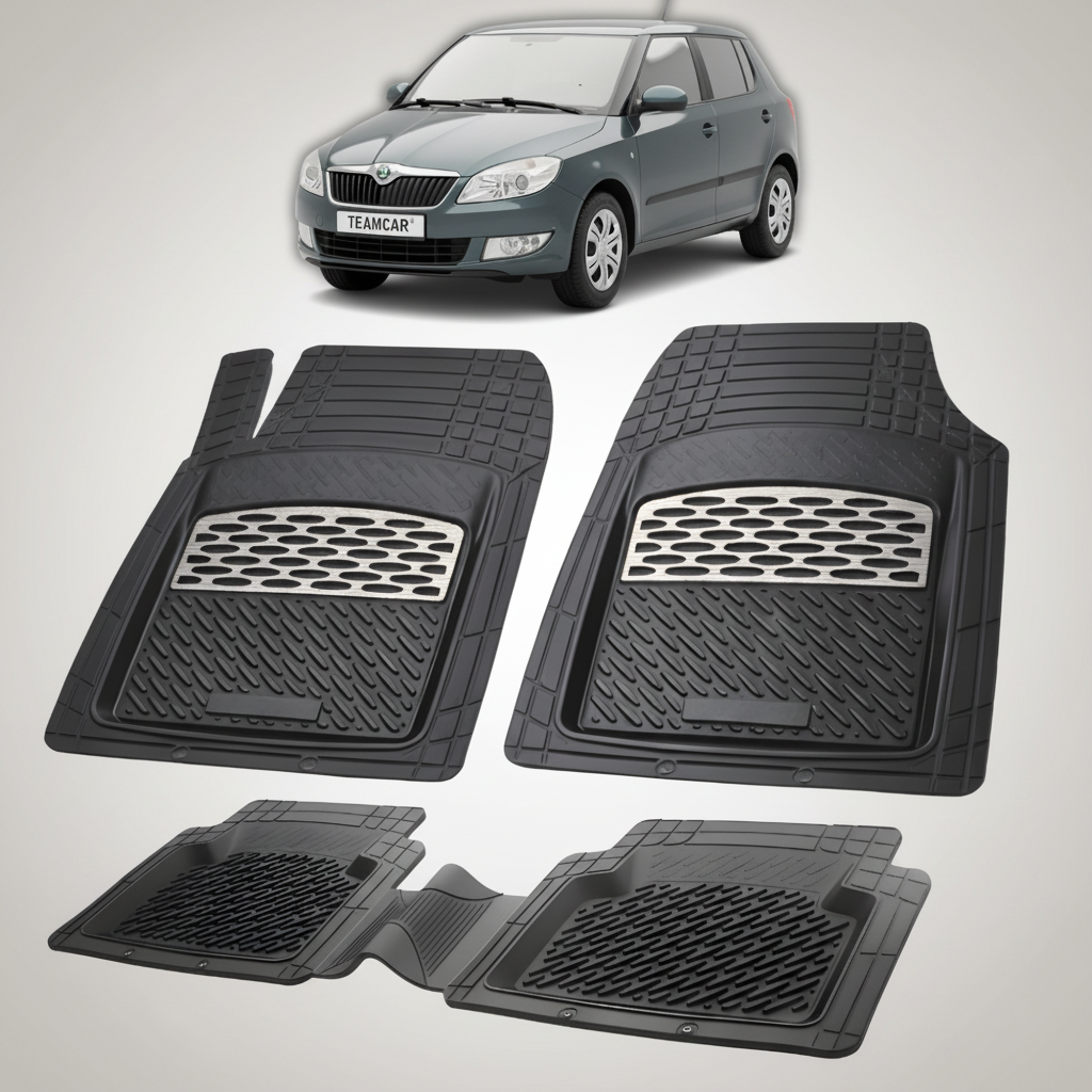 set de covorase din cauciuc negre cu accente gri cu o skoda fabia ii hatchback  gri  in fundal