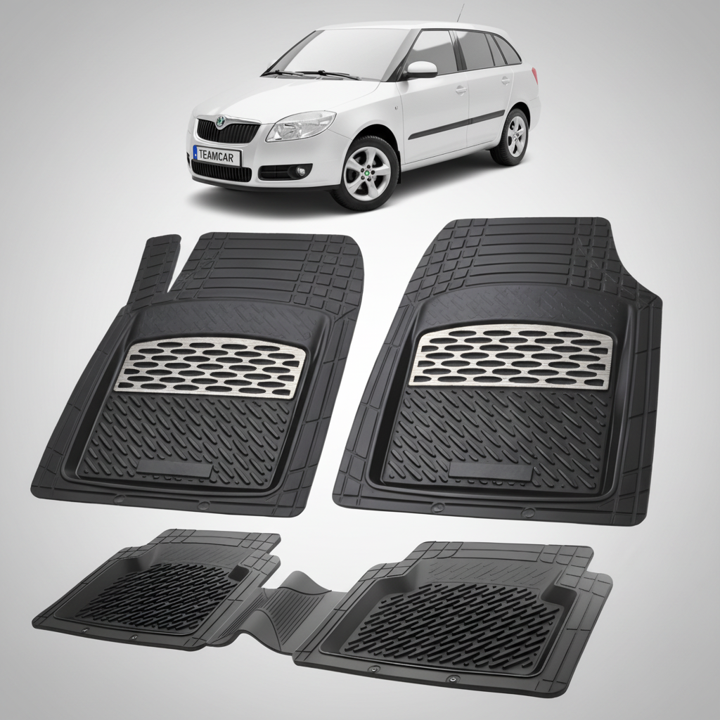 set de covorase din cauciuc negre cu accente gri cu o skoda fabia ii combi argintie in fundal