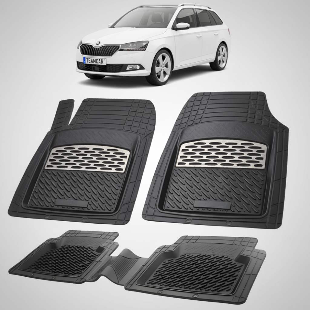 set de covorase din cauciuc negre cu accente gri cu o skoda fabia iii combi facelift alba in fundal