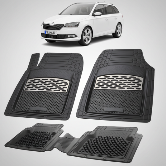 set de covorase din cauciuc negre cu accente gri cu o skoda fabia iii combi facelift alba in fundal