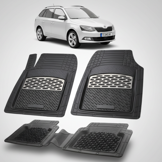 set de covorase din cauciuc negre cu accente gri cu o skoda fabia iii combi argintie fundal