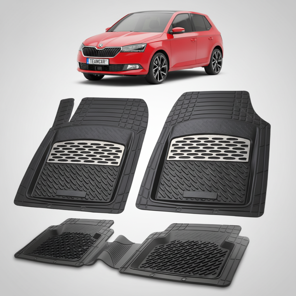 set de covorase din cauciuc negre cu accente gri cu o skoda fabia iii hatchback facelift rosie in fundal