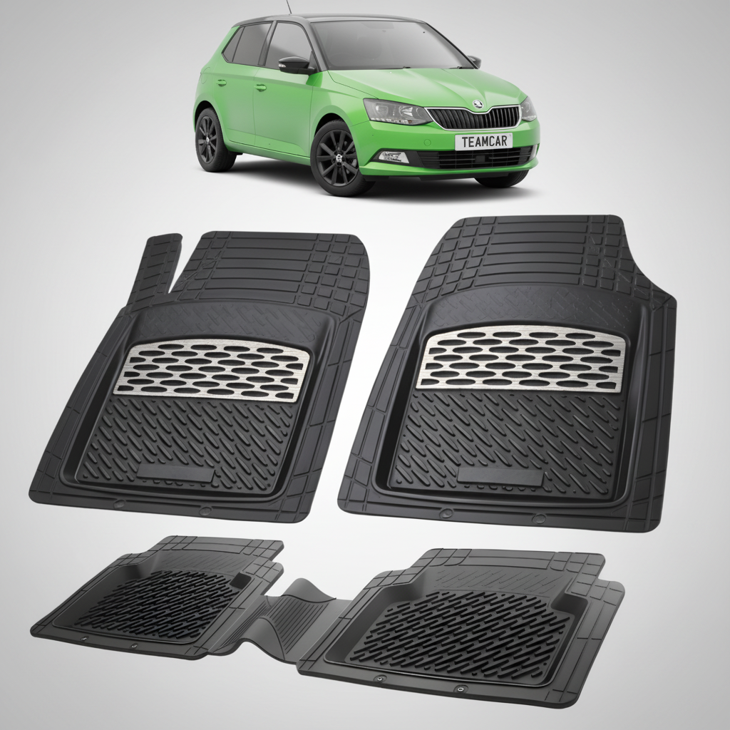 set de covorase din cauciuc negre cu accente gri cu o skoda fabia iii hatchback verde fundal