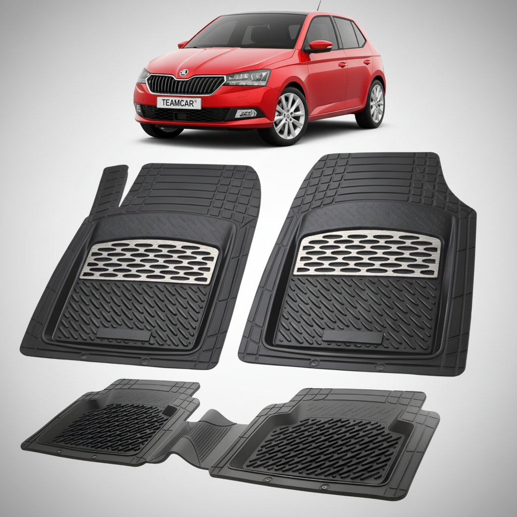 set de covorase din cauciuc negre cu accente gri cu o skoda fabia iii hatchback rosie in fundal
