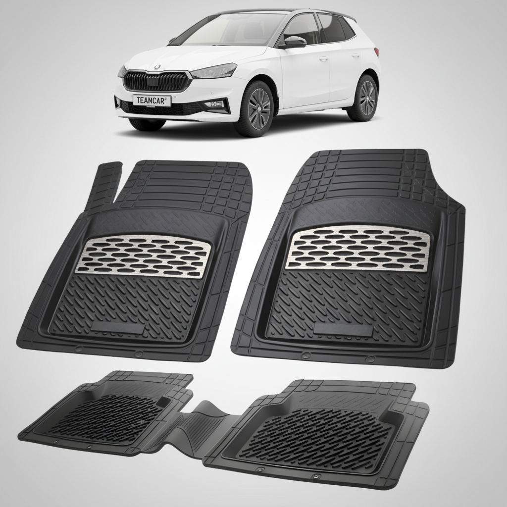 set de covorase din cauciuc negre cu accente gri cu o skoda fabia iv hatchback alba in fundal