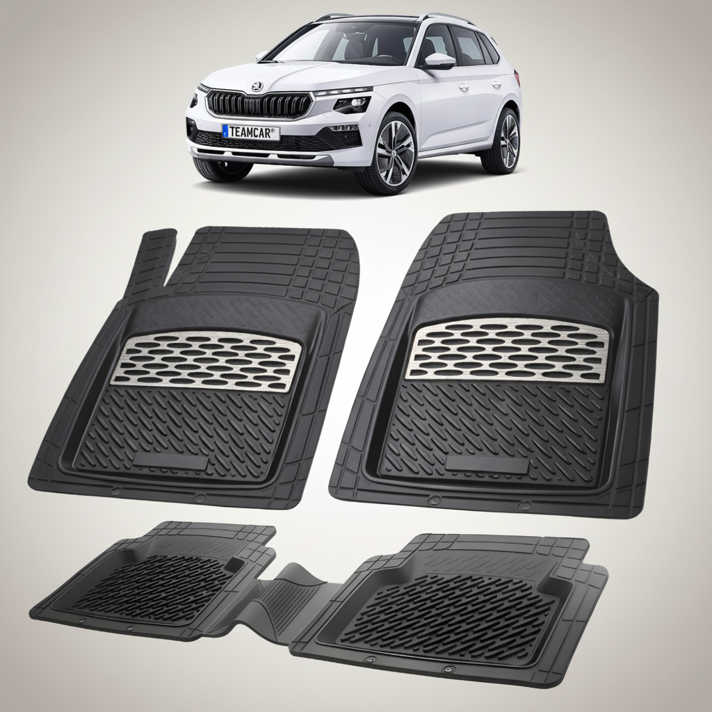 set de covorase din cauciuc negre cu accente gri cu o skoda kamiq facelift alba in fundal