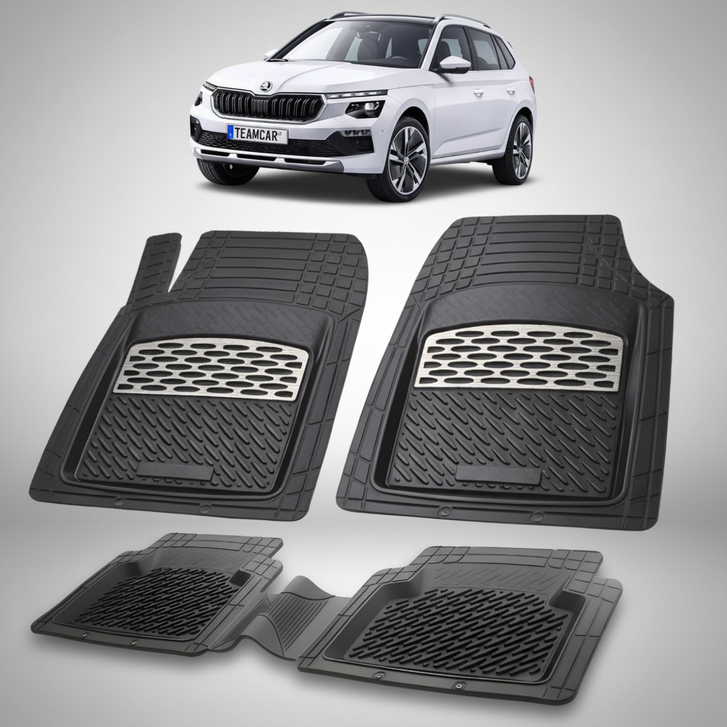 set de covorase din cauciuc negre cu accente gri cu o skoda kamiq i alb in fundal