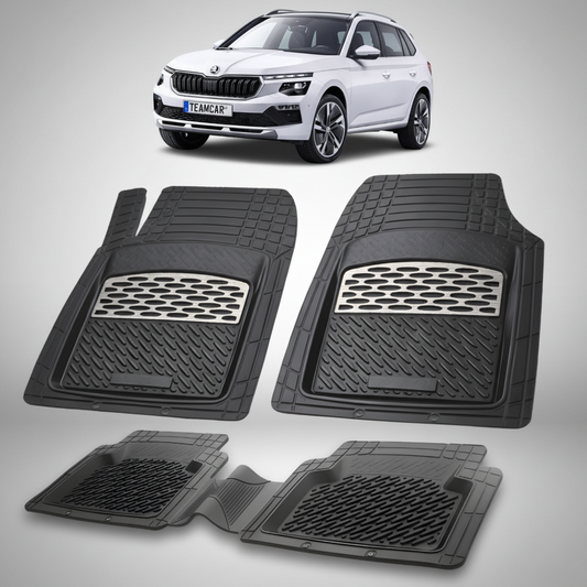 set de covorase din cauciuc negre cu accente gri cu o skoda kamiq i alb in fundal