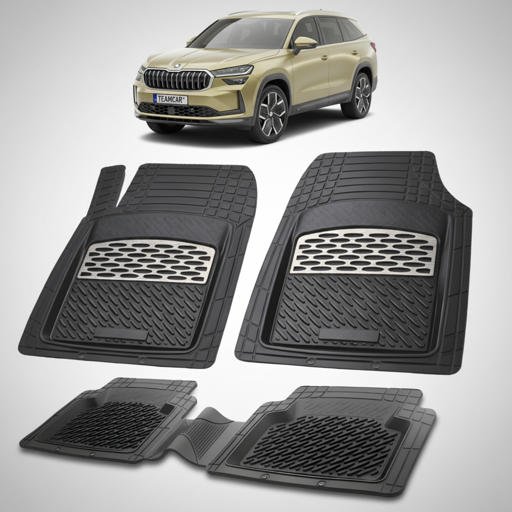 set de covorase din cauciuc negre cu accente gri cu o skoda kodiaq ii auriu-bronz in fundal
