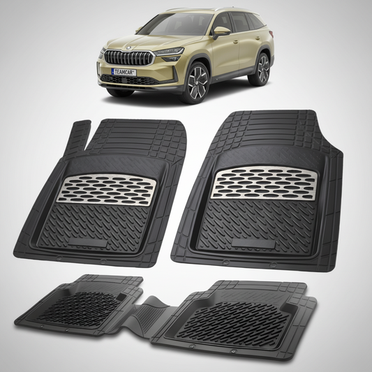 set de covorase din cauciuc negre cu accente gri cu o skoda kodiaq ii auriu-bronz in fundal