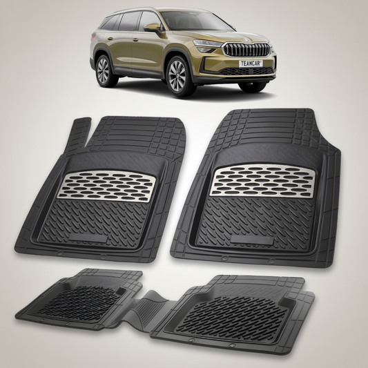 set de covorase din cauciuc negre cu accente gri cu o skoda kodiaq ii auriu verzui in fundal