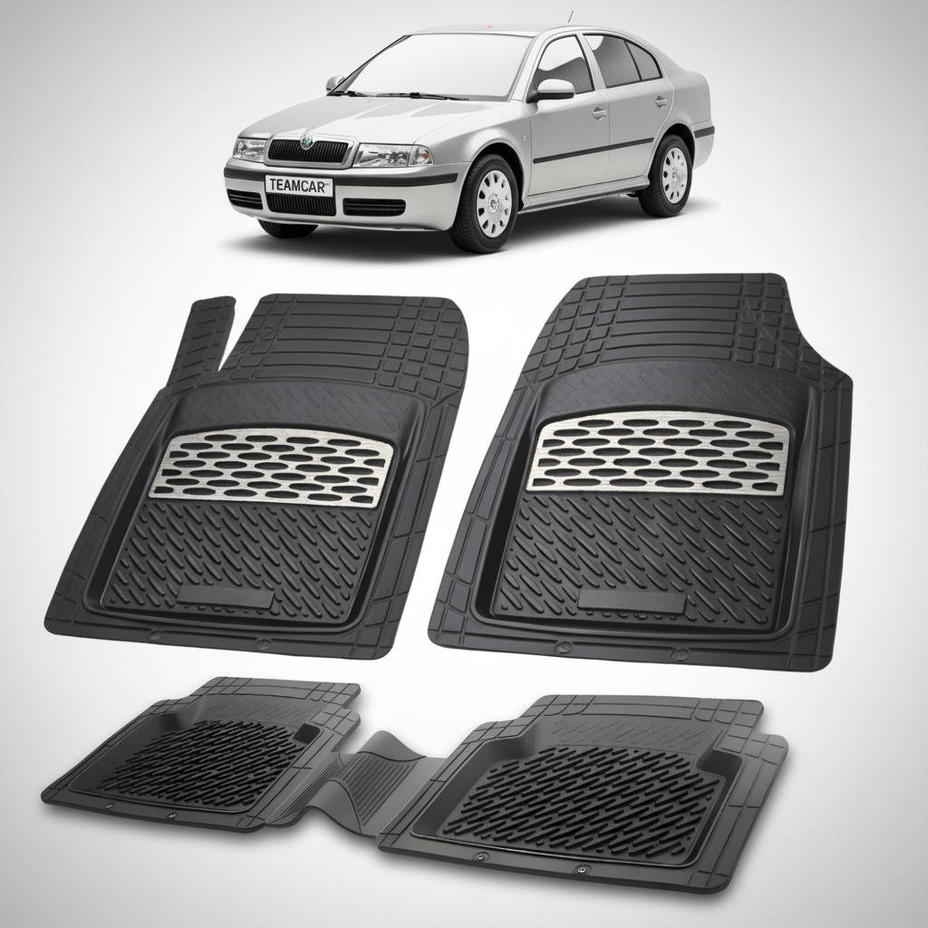 set de covorase din cauciuc negre cu accente gri cu o skoda octavia i liftback argintie in fundal