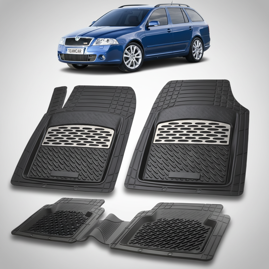 set de covorase din cauciuc negre cu accente gri cu o skoda octavia ii combi albastra in fundal