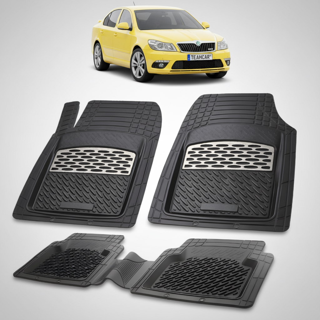 set de covorase din cauciuc negre cu accente gri cu o skoda octavia ii liftback galben in fundal