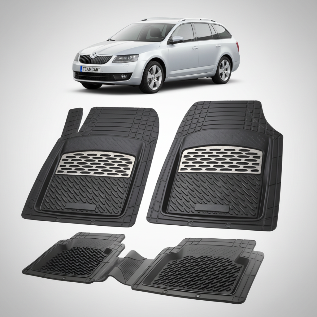 set de covorase din cauciuc negre cu accente gri cu o skoda octavia iii combi gri in fundal