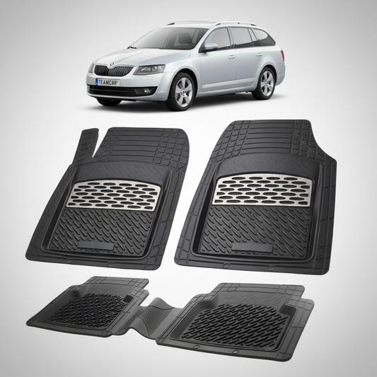 set de covorase din cauciuc negre cu accente gri cu o skoda octavia iii combi gri in fundal