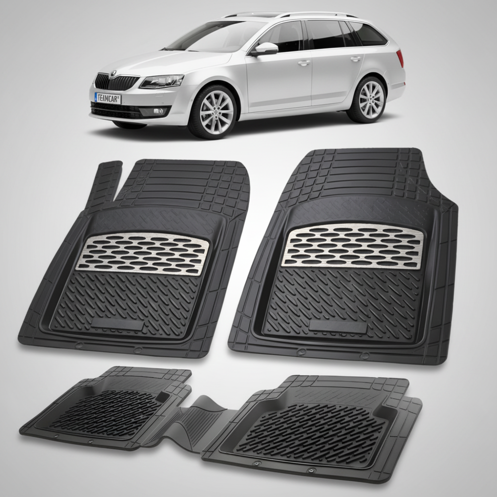 set de covorase din cauciuc negre cu accente gri cu o skoda octavia iii combi argintie in fundal