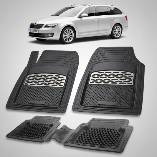 set de covorase din cauciuc negre cu accente gri cu o skoda octavia iii combi argintie in fundal