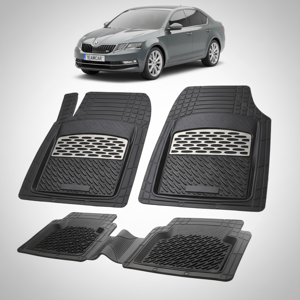 set de covorase din cauciuc negre cu accente gri cu o skoda octavia iii sedan gri in fundal